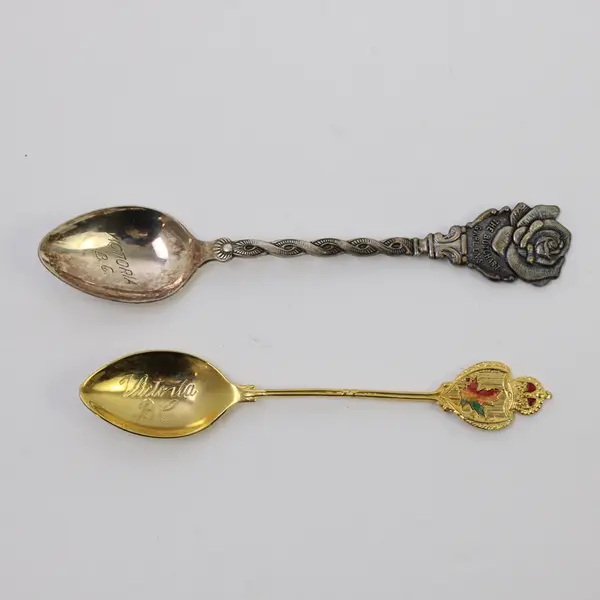 Lot of Vintage Victoria BC Souvenir Spoons Gold-Tone Maple Leaf Rose