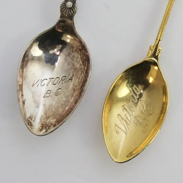 Lot of Vintage Victoria BC Souvenir Spoons Gold-Tone Maple Leaf Rose