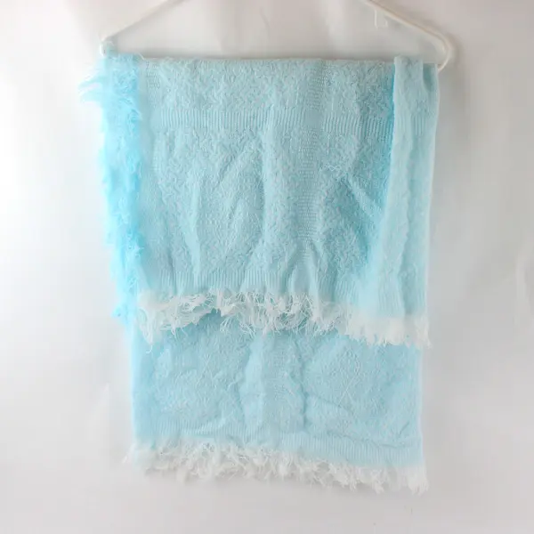 Vintage Babycrest Baby Blue Fringed Acrylic Knit Baby Blanket 34" x 37"