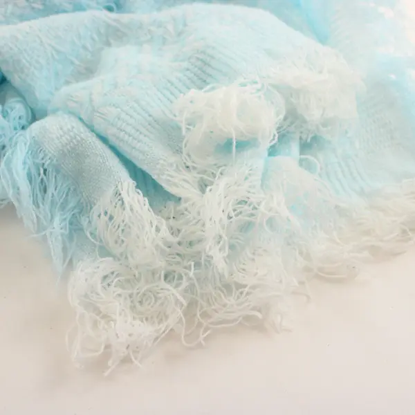 Vintage Babycrest Baby Blue Fringed Acrylic Knit Baby Blanket 34" x 37"