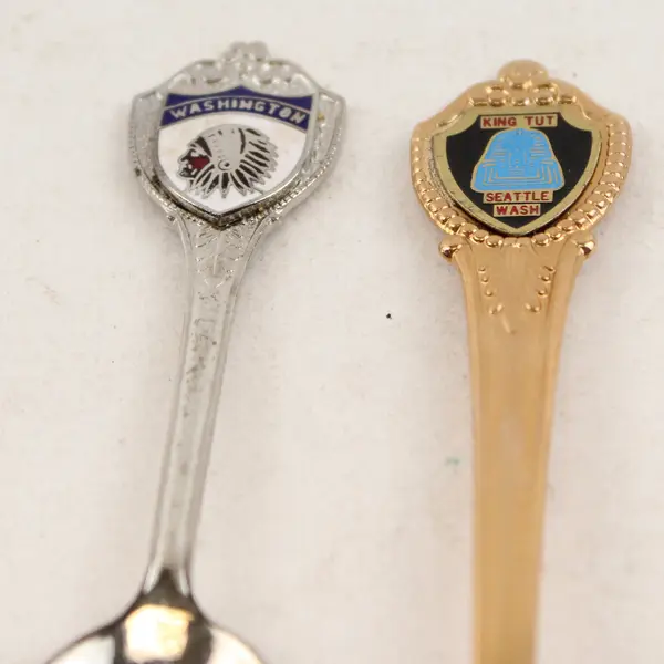 Lot of 2 Washington Souvenir Spoons Seattle King Tut Enamel 4in