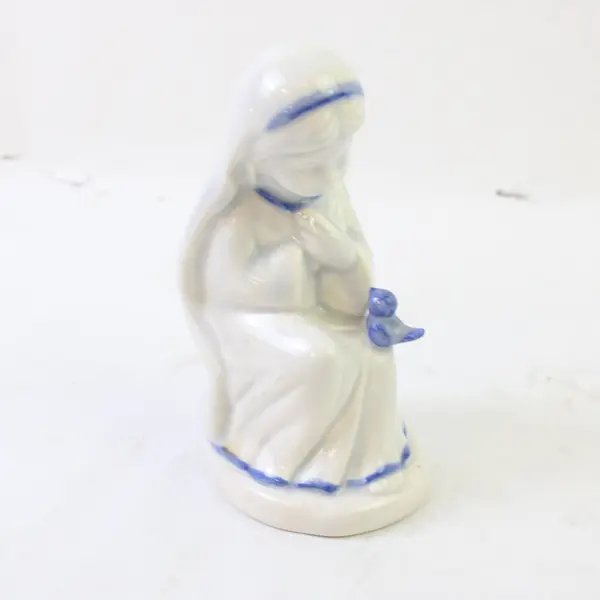 Blue & White Porcelain Figurine Girl Holding Blue Bird Vintage Collectible