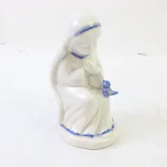 Blue & White Porcelain Figurine Girl Holding Blue Bird Vintage Collectible