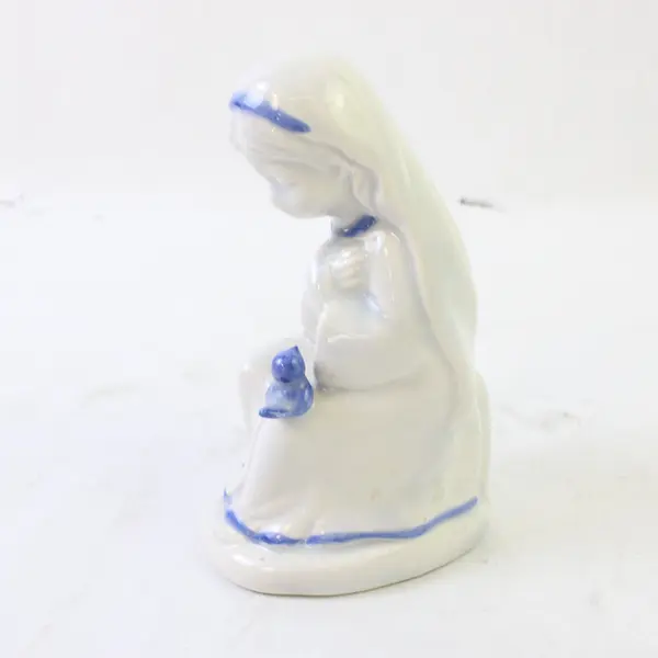 Blue & White Porcelain Figurine Girl Holding Blue Bird Vintage Collectible