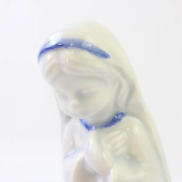 Blue & White Porcelain Figurine Girl Holding Blue Bird Vintage Collectible