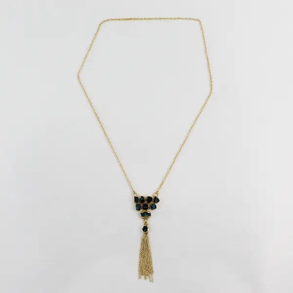 Fringed Gold-Tone Boho Drop Necklace Blue Stones 19"
