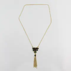 Fringed Gold-Tone Boho Drop Necklace Blue Stones 19"