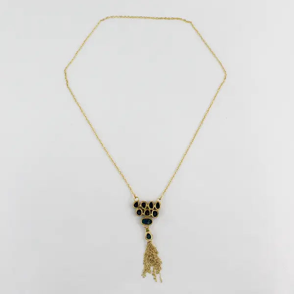 Fringed Gold-Tone Boho Drop Necklace Blue Stones 19"