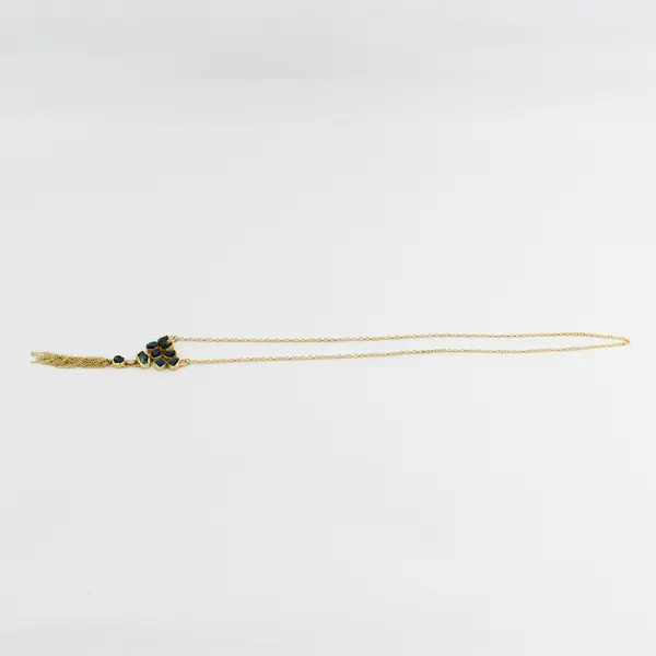 Fringed Gold-Tone Boho Drop Necklace Blue Stones 19"