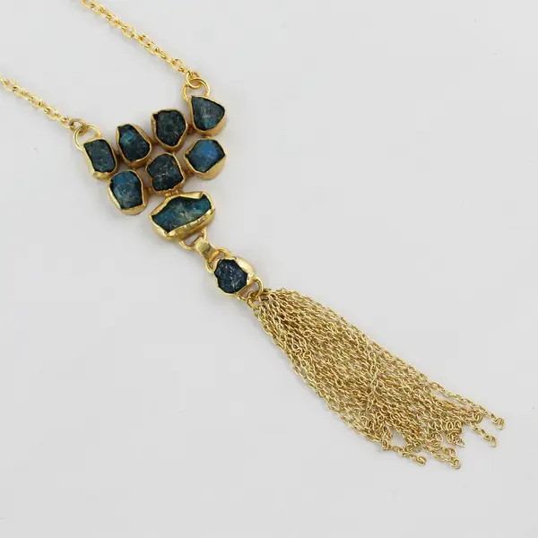 Fringed Gold-Tone Boho Drop Necklace Blue Stones 19"