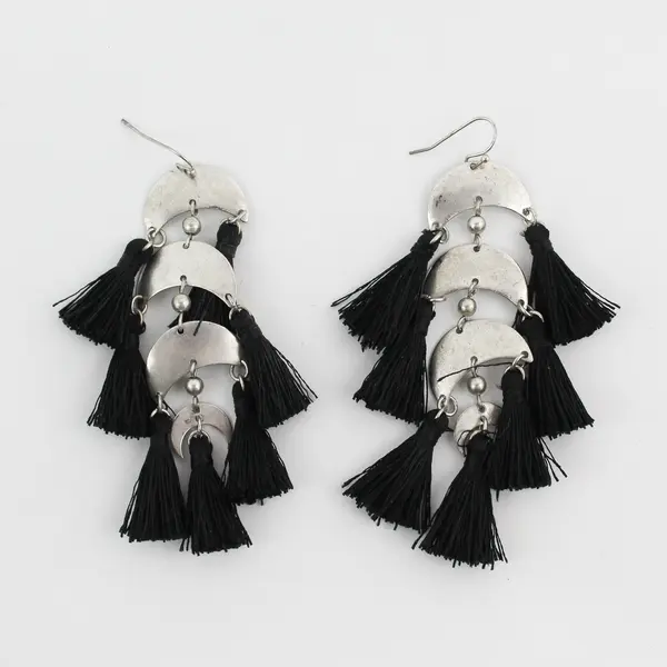Silver-Tone Crescent Black Fringe Dangle Earrings