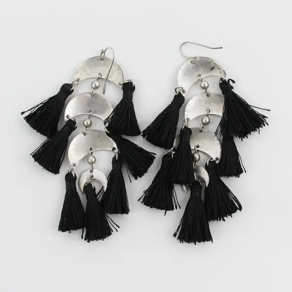 Silver-Tone Crescent Black Fringe Dangle Earrings