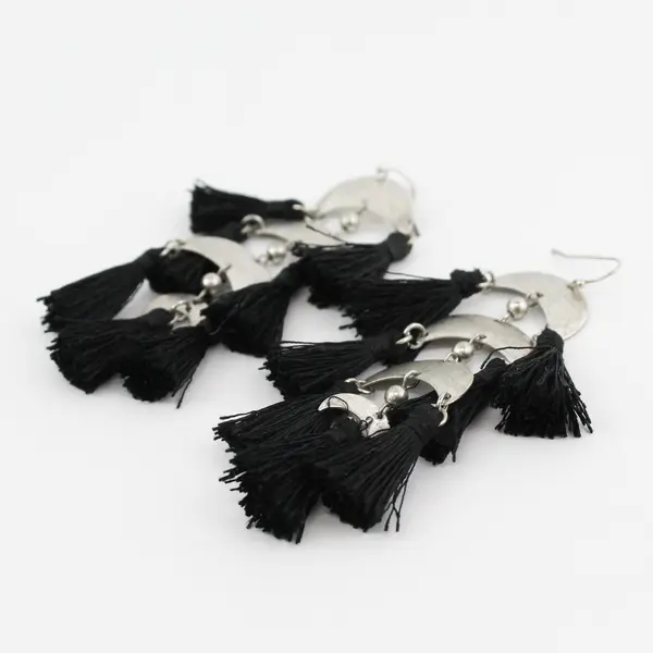 Silver-Tone Crescent Black Fringe Dangle Earrings