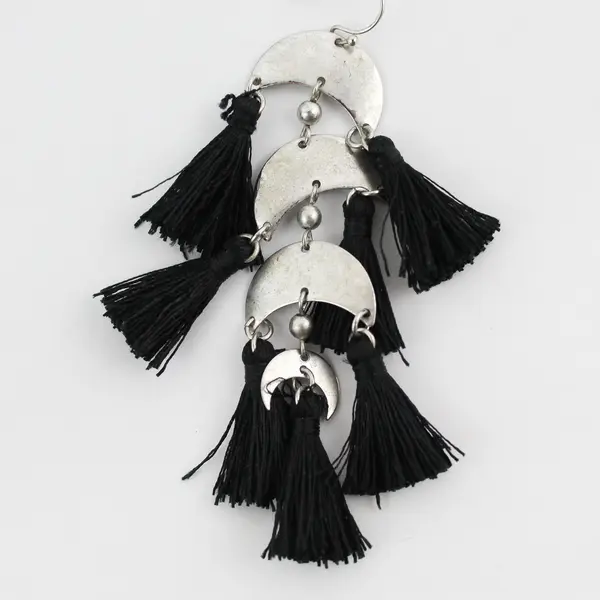 Silver-Tone Crescent Black Fringe Dangle Earrings