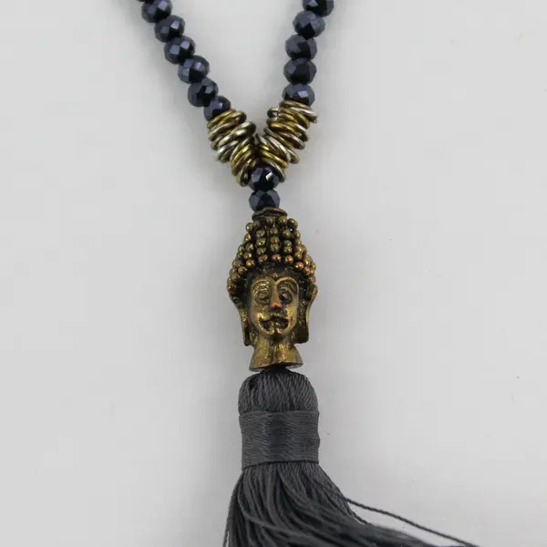 Zacasha Beaded Buddha Head Tassel Drop Necklace 23.5"