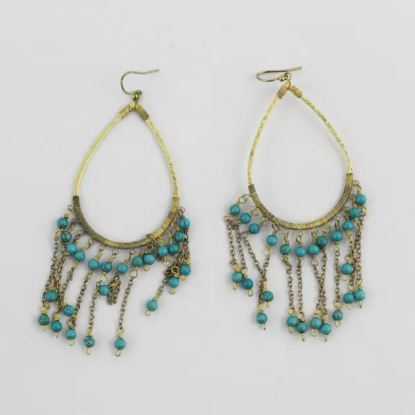 Gold-Tone Teardrop-Shaped Turquoise Beaded Fringe Boho Earrings