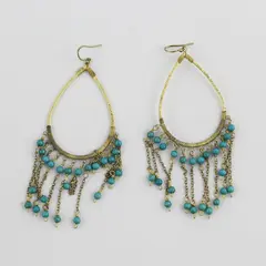 Gold-Tone Teardrop-Shaped Turquoise Beaded Fringe Boho Earrings