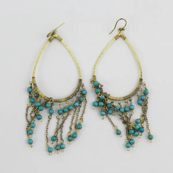 Gold-Tone Teardrop-Shaped Turquoise Beaded Fringe Boho Earrings