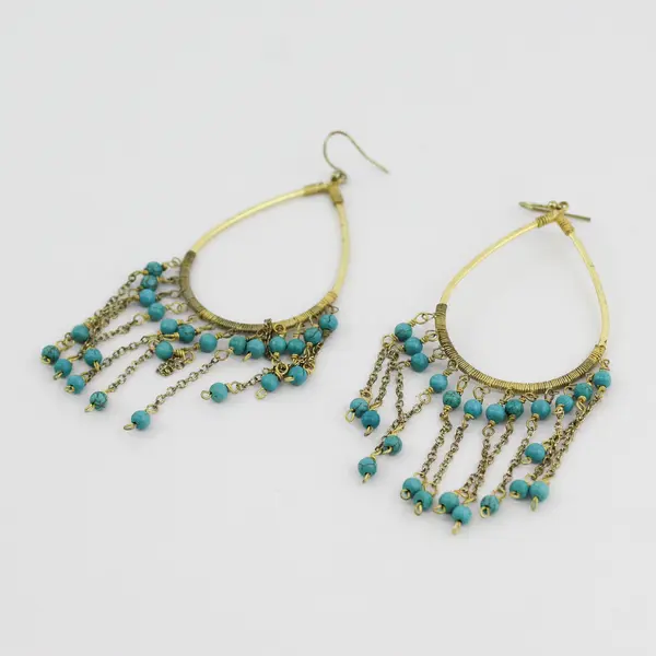 Gold-Tone Teardrop-Shaped Turquoise Beaded Fringe Boho Earrings