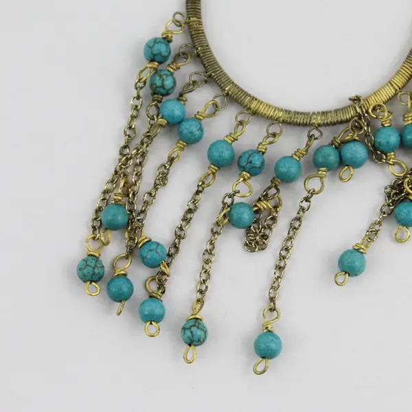 Gold-Tone Teardrop-Shaped Turquoise Beaded Fringe Boho Earrings