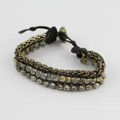 Leather and Two-Tone Metal Flower Button Closure Boho Bracelet 9"