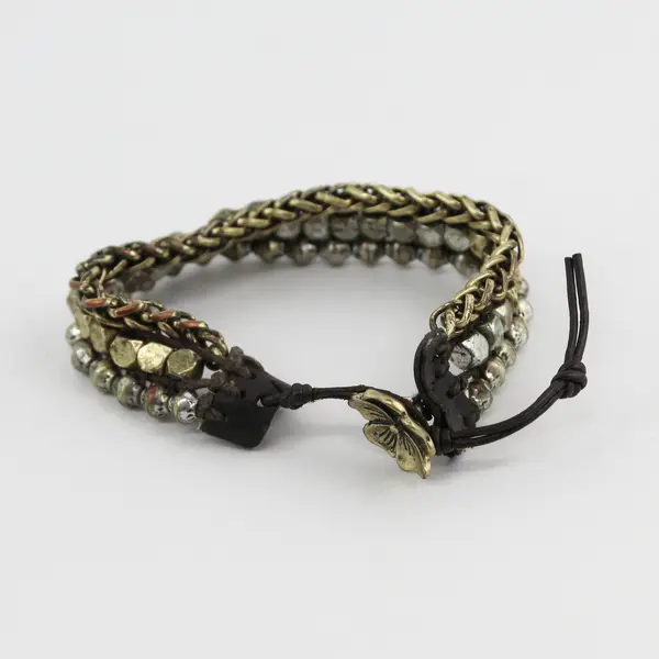 Leather and Two-Tone Metal Flower Button Closure Boho Bracelet 9"