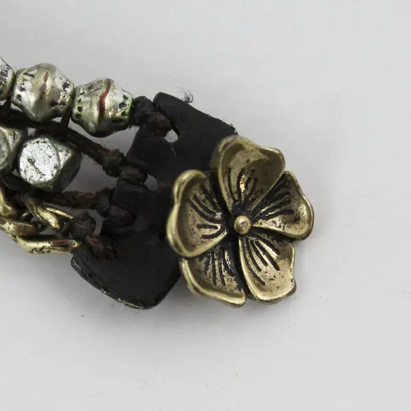 Leather and Two-Tone Metal Flower Button Closure Boho Bracelet 9"