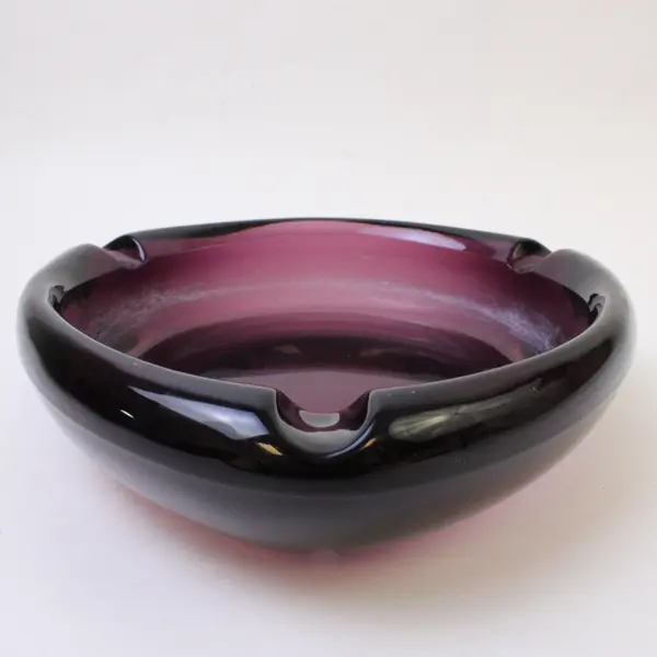 Vintage Mid-Century Dark Purple Glass Ashtray 8in Heavy Tobacciana