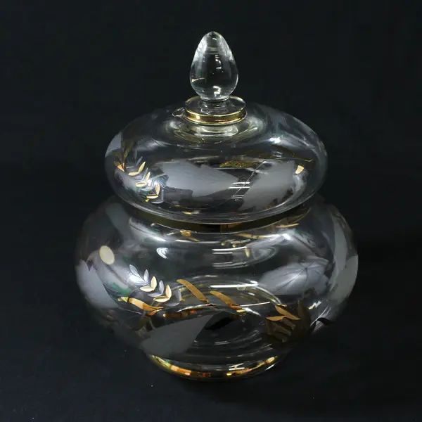 VTG  Glass Lidded  Candy Dish Etched Leaves And Gold Gilded  Leaves and Flowers