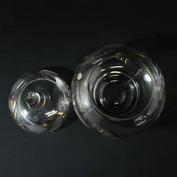 VTG  Glass Lidded  Candy Dish Etched Leaves And Gold Gilded  Leaves and Flowers