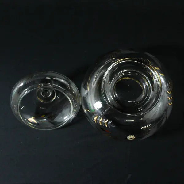 VTG  Glass Lidded  Candy Dish Etched Leaves And Gold Gilded  Leaves and Flowers