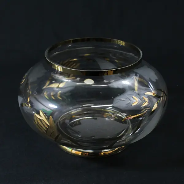 VTG  Glass Lidded  Candy Dish Etched Leaves And Gold Gilded  Leaves and Flowers