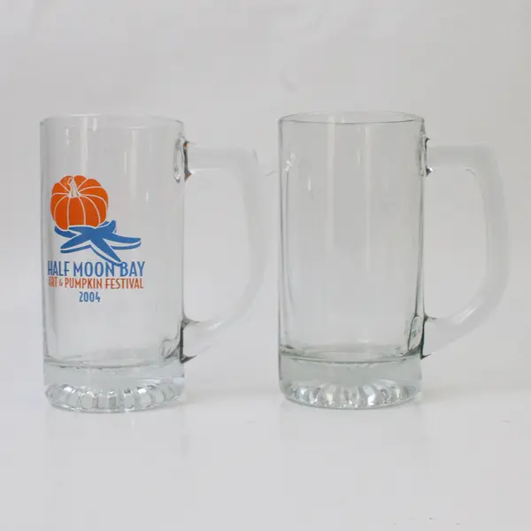 Lot of 2 Clear Glass Beer Mugs Textured Bases 1 Plain + Half Moon Bay 2004