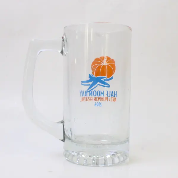 Lot of 2 Clear Glass Beer Mugs Textured Bases 1 Plain + Half Moon Bay 2004