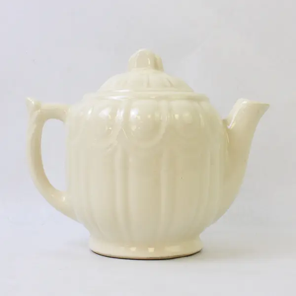 Vintage 1940s Ivory Glazed Pottery Teapot Mid-Century Collectible