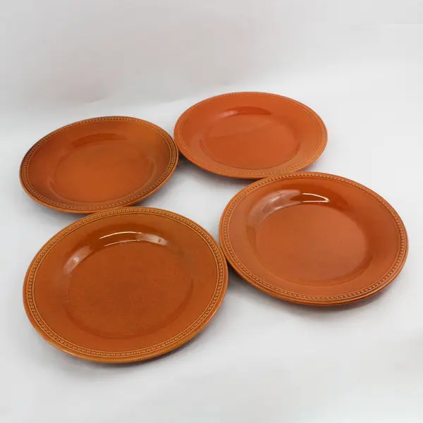 Set Of 4 Pier 1 Nutmeg Stoneware  Dinner Plates Raised Beaded Border 10.75"