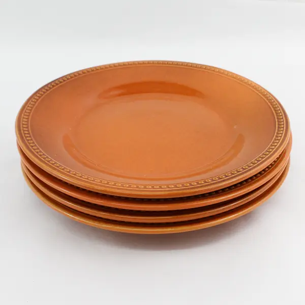 Set Of 4 Pier 1 Nutmeg Stoneware  Dinner Plates Raised Beaded Border 10.75"