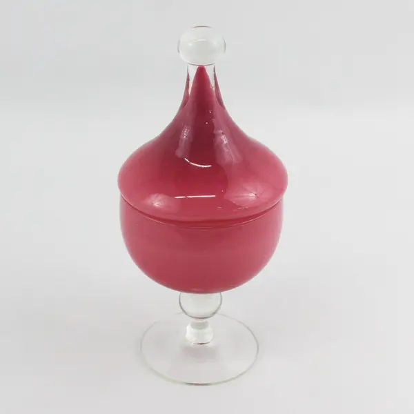 Mauve Pink Glass Jar or Candy Dish And Lid With A Clear Base And Bulb Handle