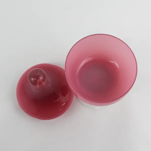 Mauve Pink Glass Jar or Candy Dish And Lid With A Clear Base And Bulb Handle