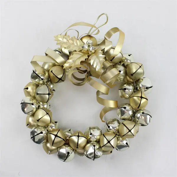 Gold Tone Metal Wreath Ornament with Jingle Bells 9in Christmas