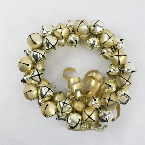 Gold Tone Metal Wreath Ornament with Jingle Bells 9in Christmas