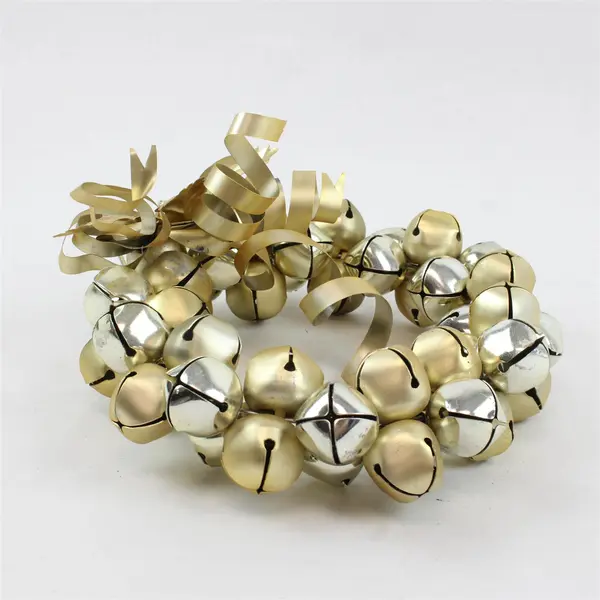 Gold Tone Metal Wreath Ornament with Jingle Bells 9in Christmas