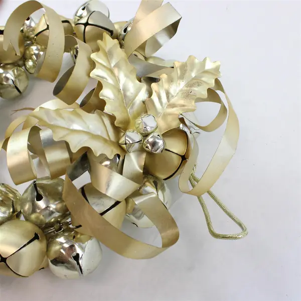 Gold Tone Metal Wreath Ornament with Jingle Bells 9in Christmas