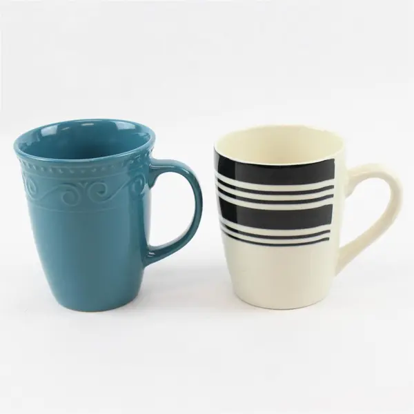 Lot of 2 Ceramic Coffee Mugs - White Black Stripe & Turquoise
