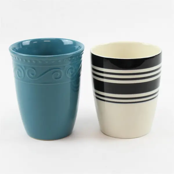 Lot of 2 Ceramic Coffee Mugs - White Black Stripe & Turquoise