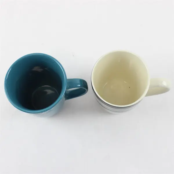 Lot of 2 Ceramic Coffee Mugs - White Black Stripe & Turquoise