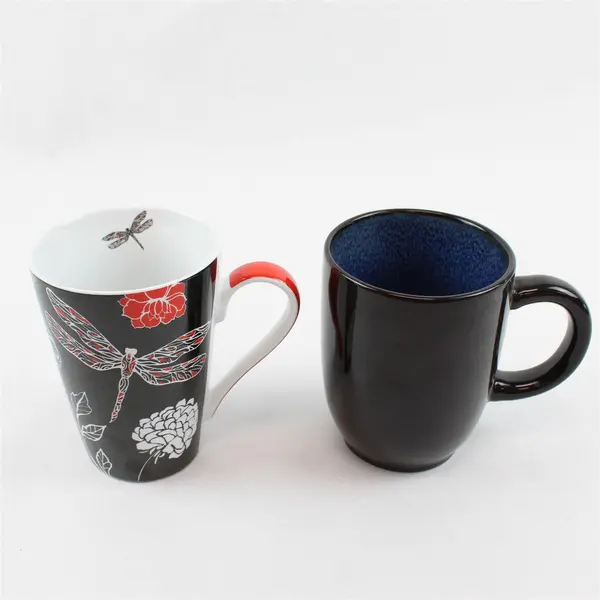Lot of 2 Ceramic Coffee Mugs - Dragonfly Red/White/Black & Brown/Blue
