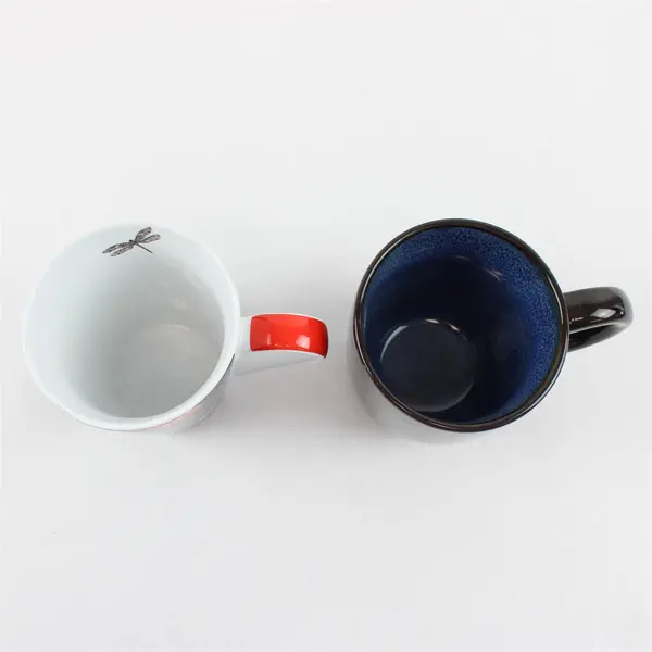 Lot of 2 Ceramic Coffee Mugs - Dragonfly Red/White/Black & Brown/Blue