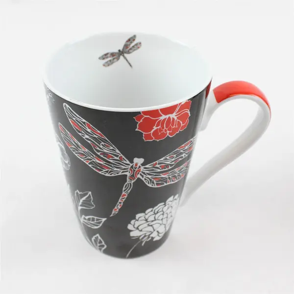 Lot of 2 Ceramic Coffee Mugs - Dragonfly Red/White/Black & Brown/Blue