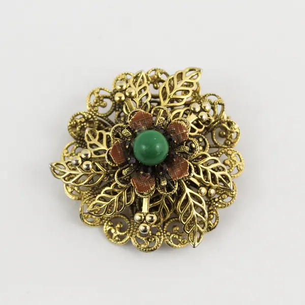 Vintage Gold-Tone Filigree Floral Brooch Faux Jade Stone